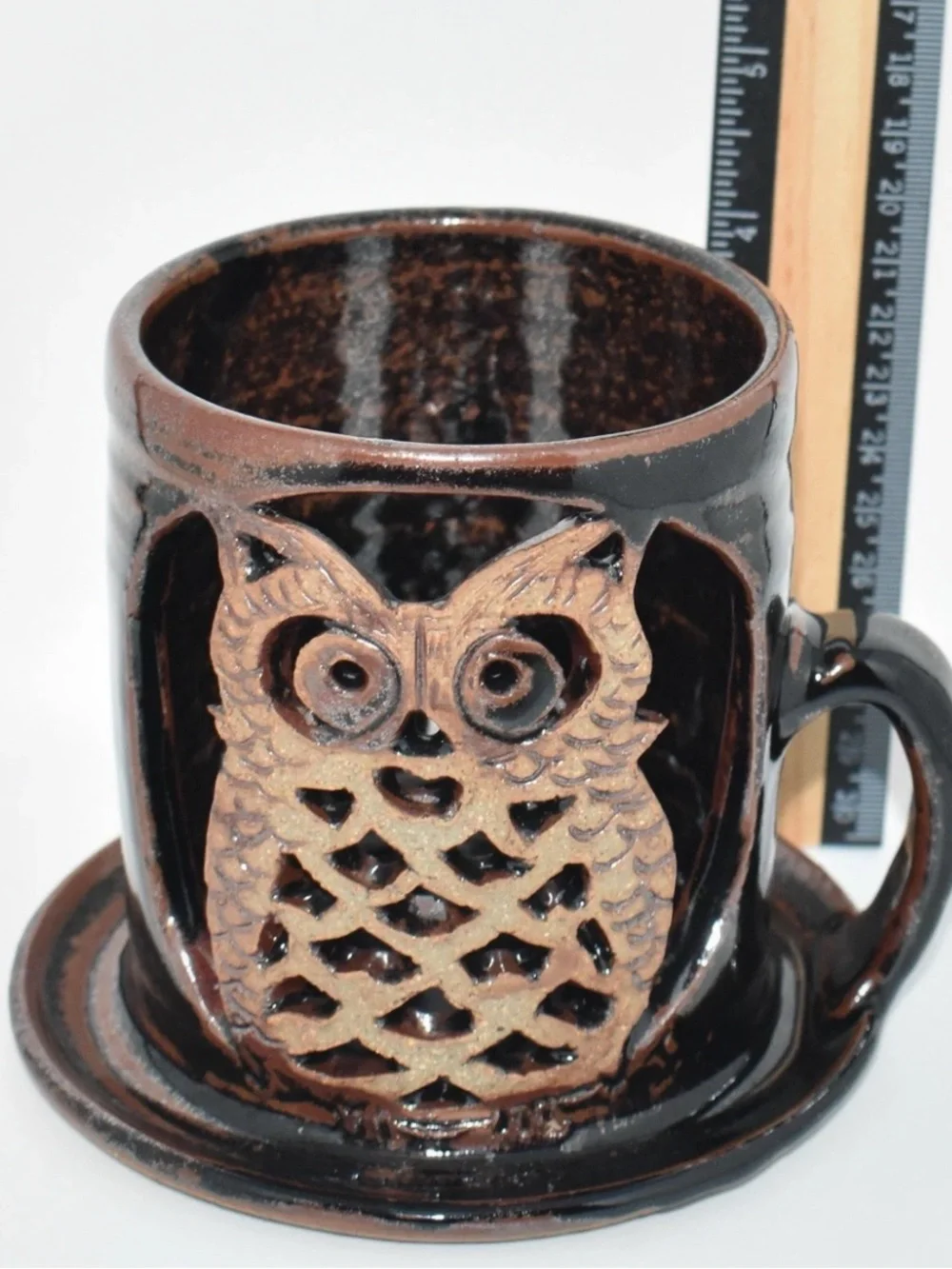 Studio Art Pottery Vintage Glazed Laser Cut Owl Luminary Candle Holder Tea Light